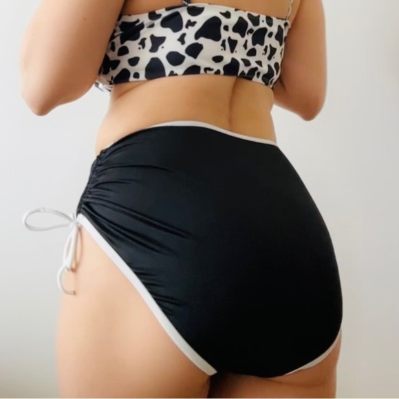 NWOT Cow Print High Waisted Bandeau Scrunch Bottom Bikini Black White - Picture 3 of 13